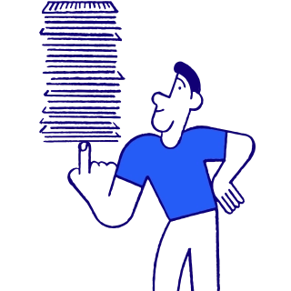 An illustration of a student holding a stack of exam papers