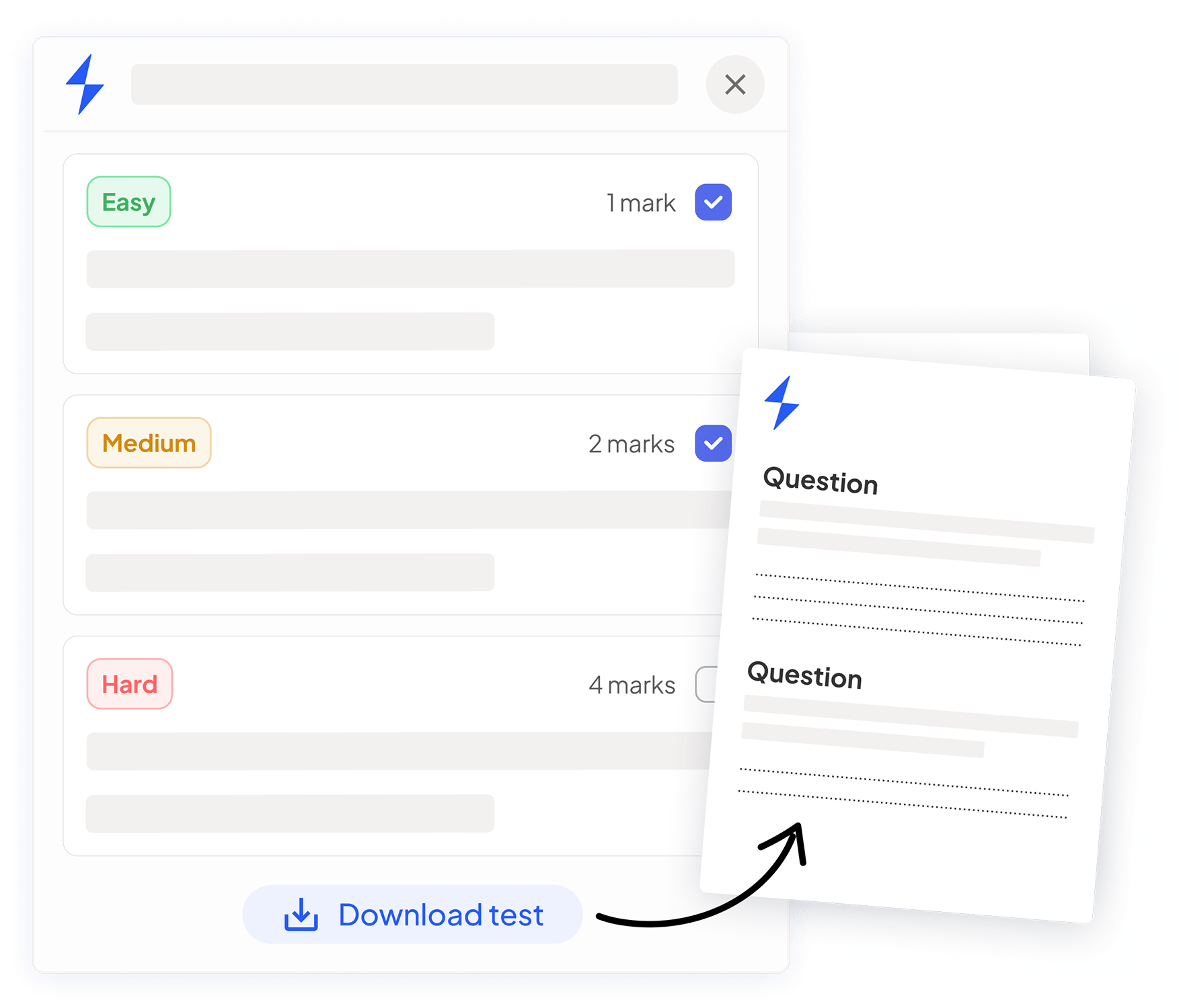 Test Builder in a diagram showing questions being picked from different difficulties and topics, and being downloaded as a shareable format.