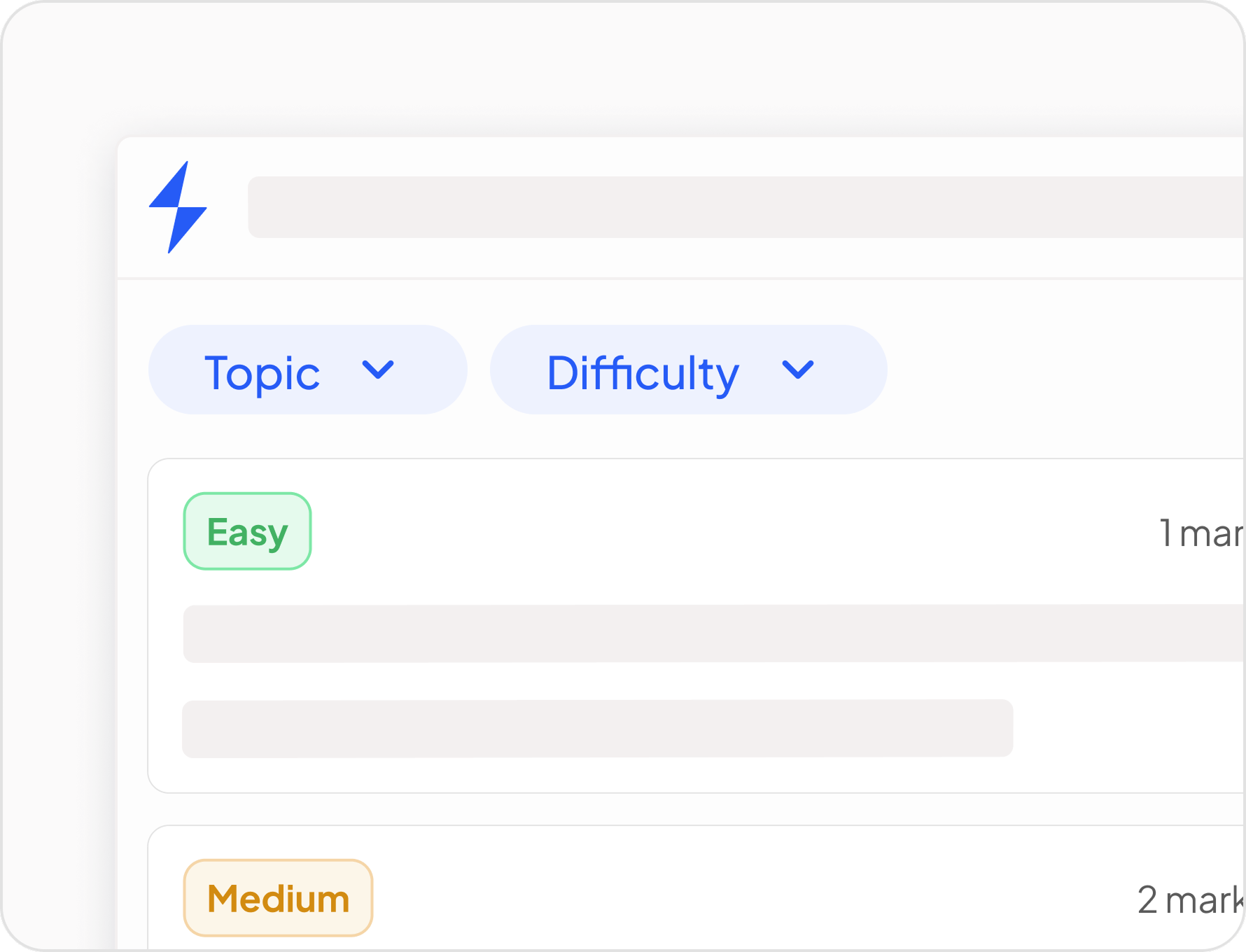 Test Builder with pickers for topics and difficulty levels, and the filtered list of questions below.