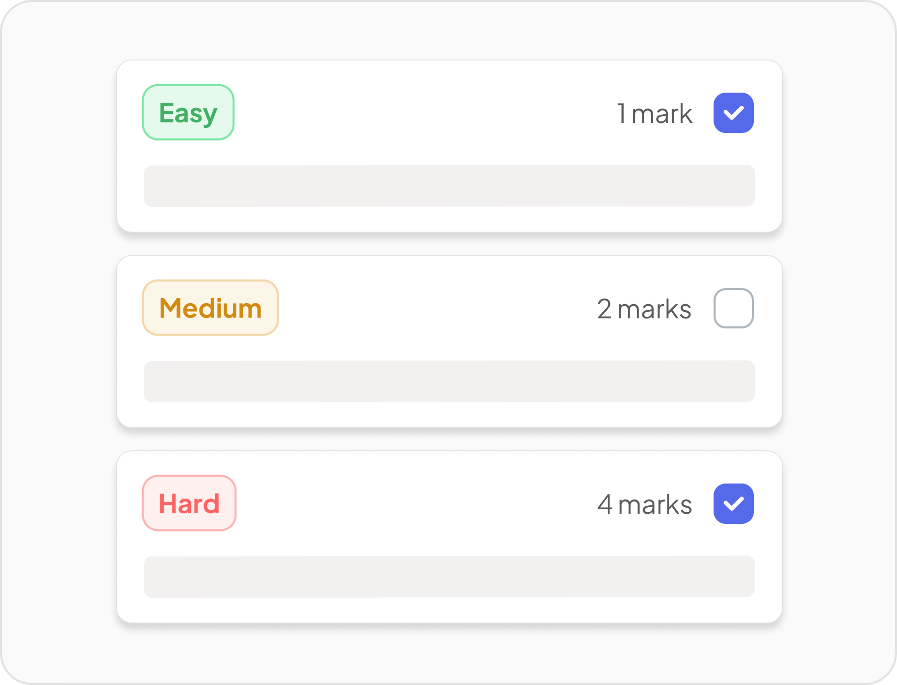 Test Builder with list of questions of difficulties Easy, Medium, and Hard, showing the number of marks of each question, and a checkbox to select the question.