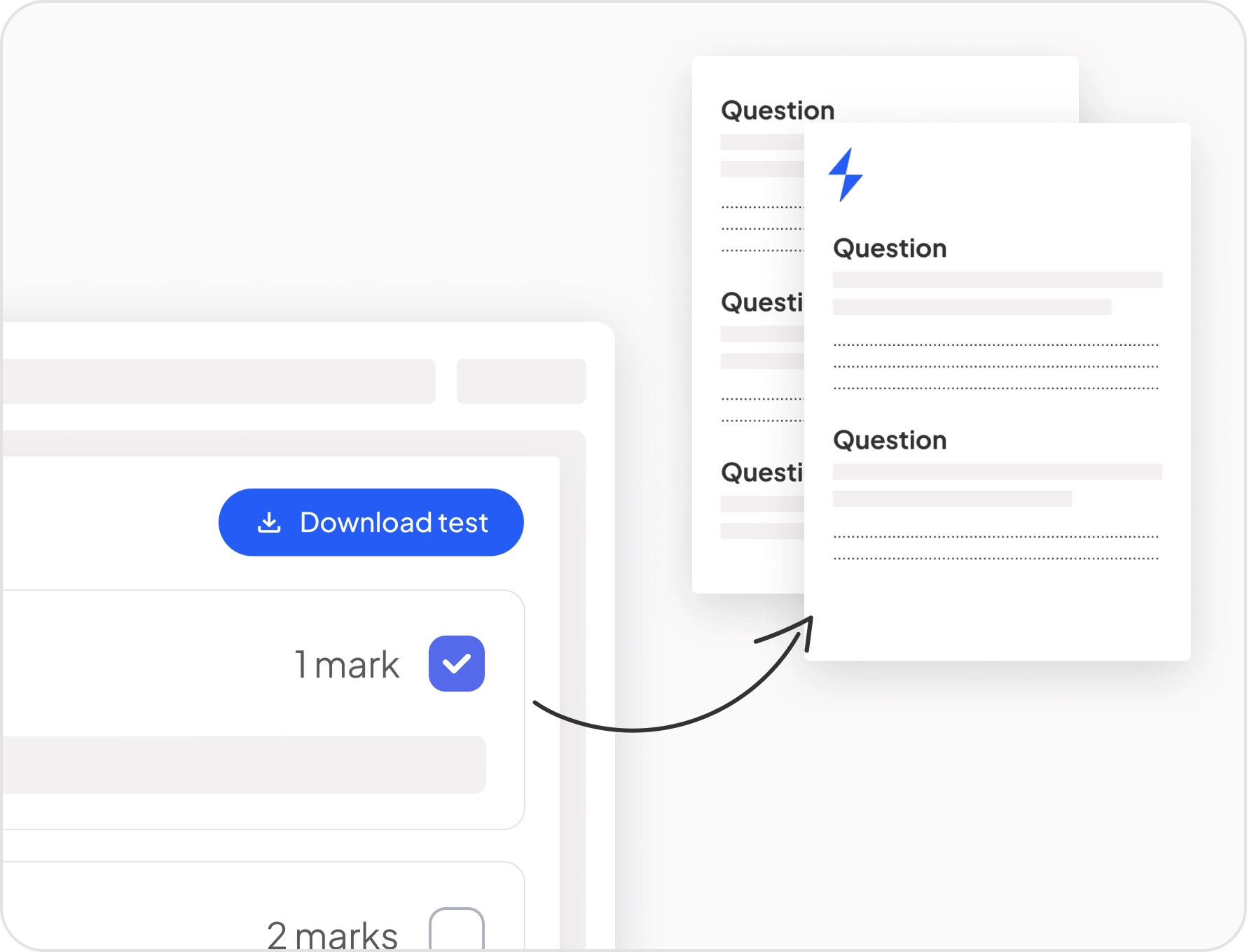 Test Builder showing a 'Download test' button, and the resulting print-ready documents of the test that it generates.