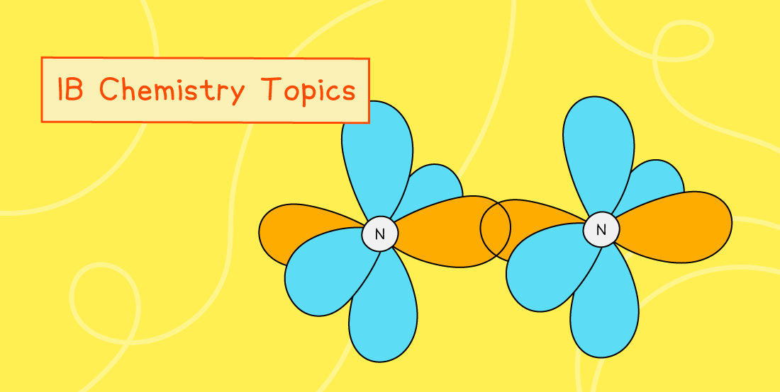 Yellow background with "IB Chemistry Topics" text and two diagrams featuring overlapping blue and orange petals, each centred with an "N".