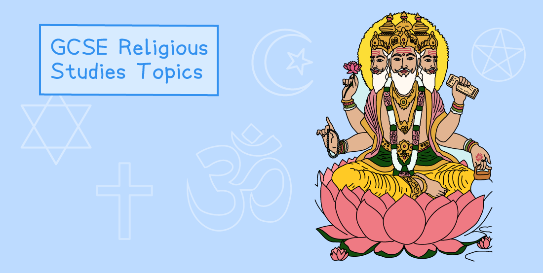 Illustration of a Hindu deity with four heads and arms sitting on a lotus. Text reads "GCSE Religious Studies Topics" with symbols of various religions.