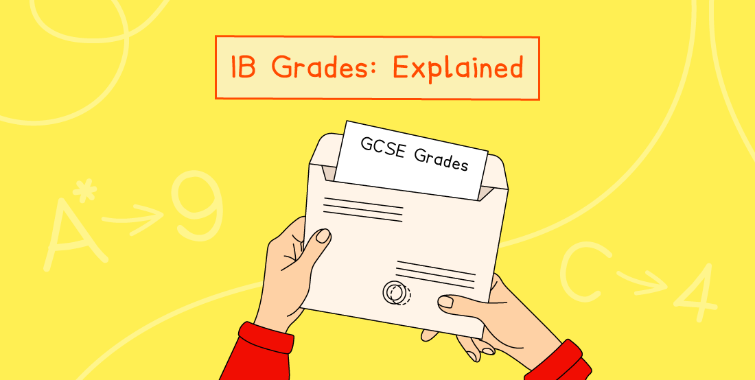 Person holding an envelope labelled "GCSE Grades" on a yellow background with text "IB Grades: Explained" and grade conversion hints like "A* → 9".