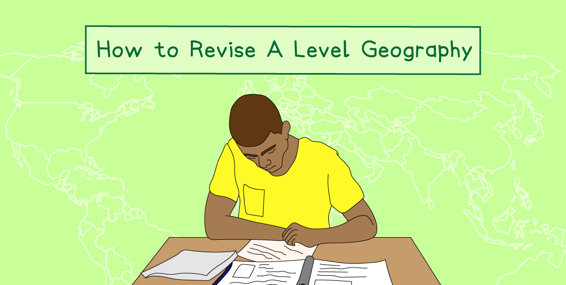 Student in a yellow shirt studies A Level Geography at a desk with a phone and papers, set against a green world map background.