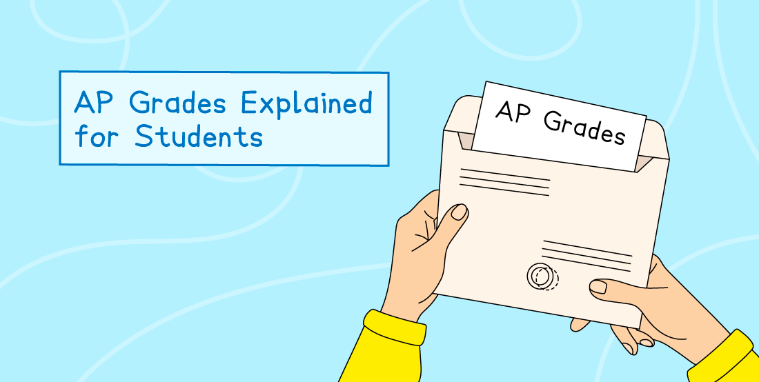 Illustration of a letter with "AP Grades" being held by two hands overlaid on a blue background with "AP Grades Explained for Students" text.