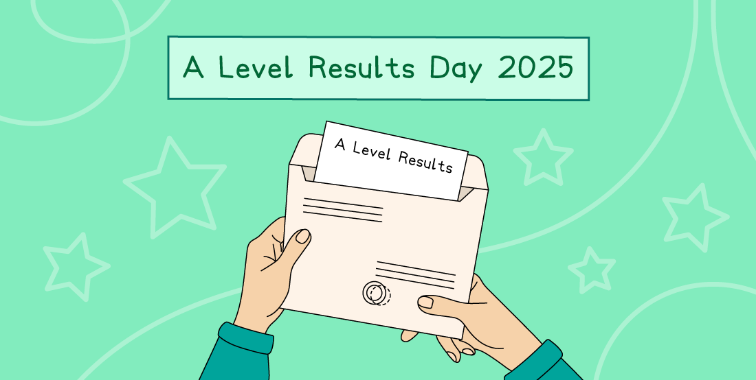 Hands holding an envelope with "A Level Results" paper emerging, set against a green background with "A Level Results Day 2025" text and star motifs.