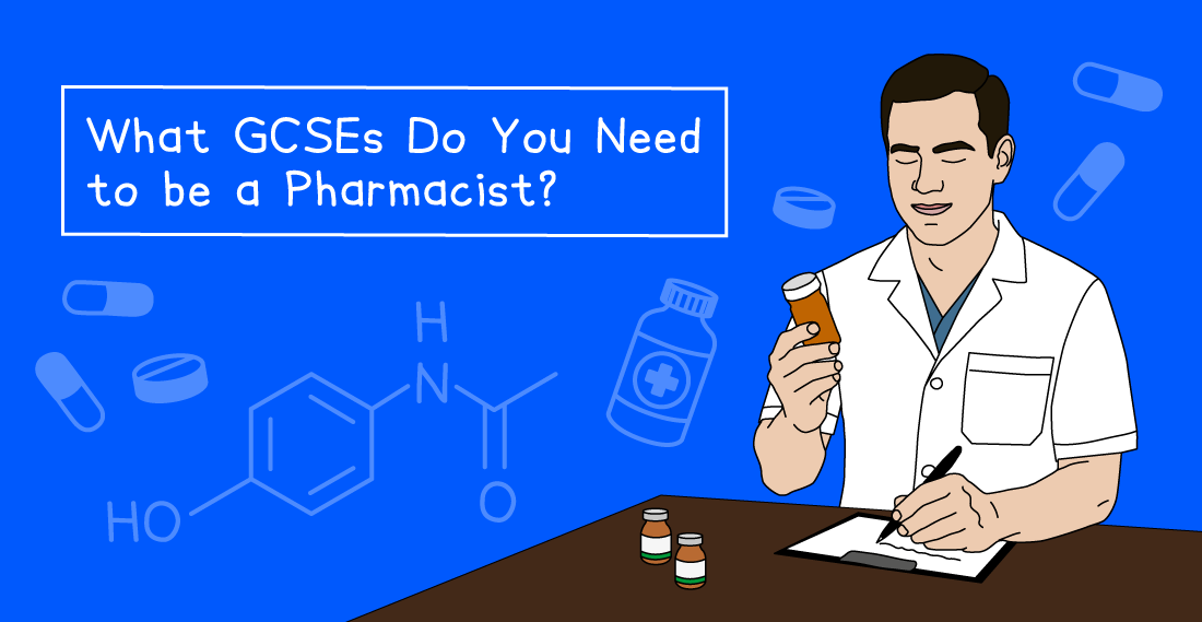 Illustration of a pharmacist reading a bottle, holding a pen, with chemical symbols and the text, "What GCSEs Do You Need to be a Pharmacist?"