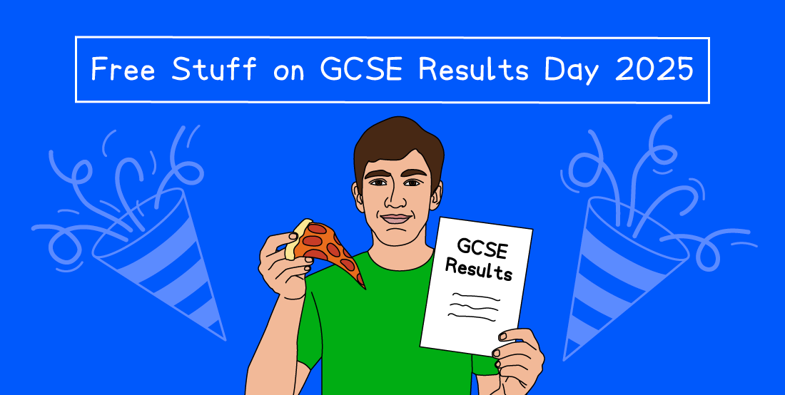 Person in a green shirt holds a slice of pizza and GCSE results paper. Background text: "Free Stuff on GCSE Results Day 2025" with confetti graphics.