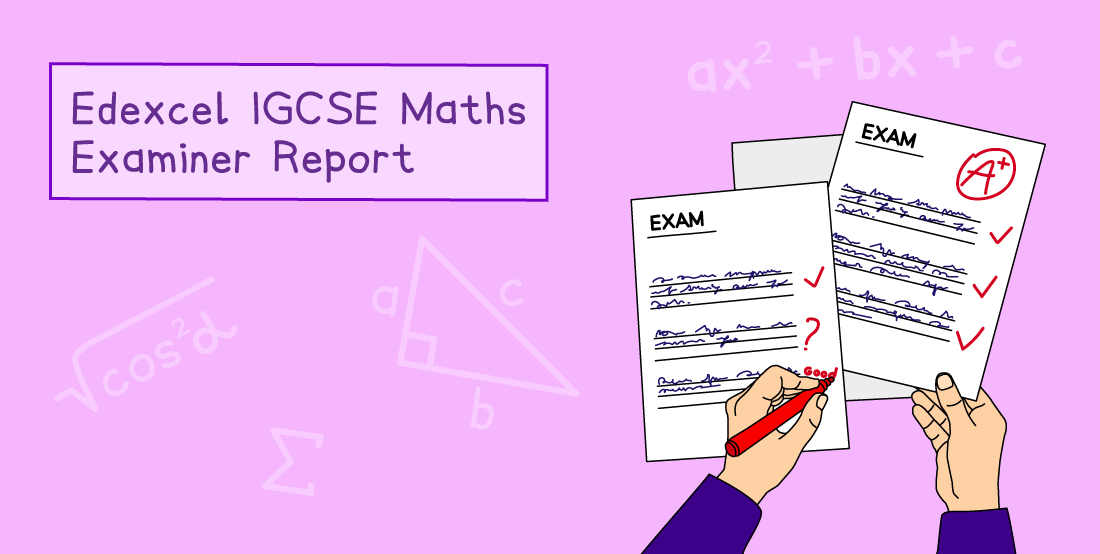 Edexcel IGCSE Maths Examiner Report cover with a person holding marked exam papers. Background includes maths symbols and equations.