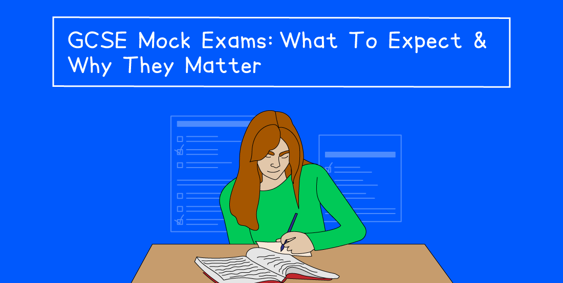 Student writing at a desk against a blue background with the text "GCSE Mock Exams: What To Expect & Why They Matter" above.