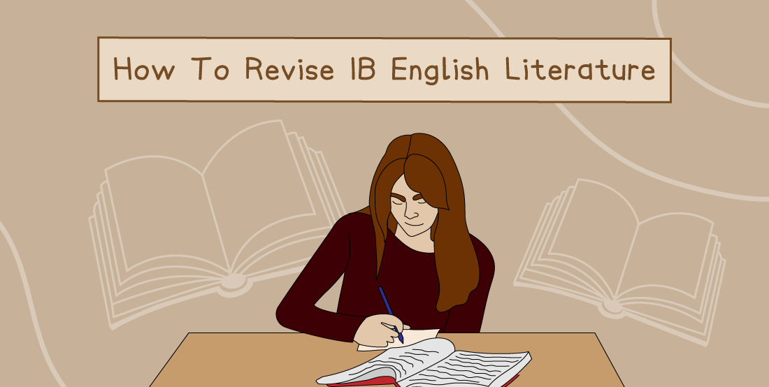 Illustration of a person writing in a notebook, with open book outlines in the background and text reading, "How To Revise IB English Literature".