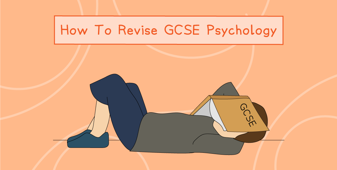 Illustration of person lying down reading a book labelled "GCSE" with the text "How To Revise GCSE Psychology" on an orange background.