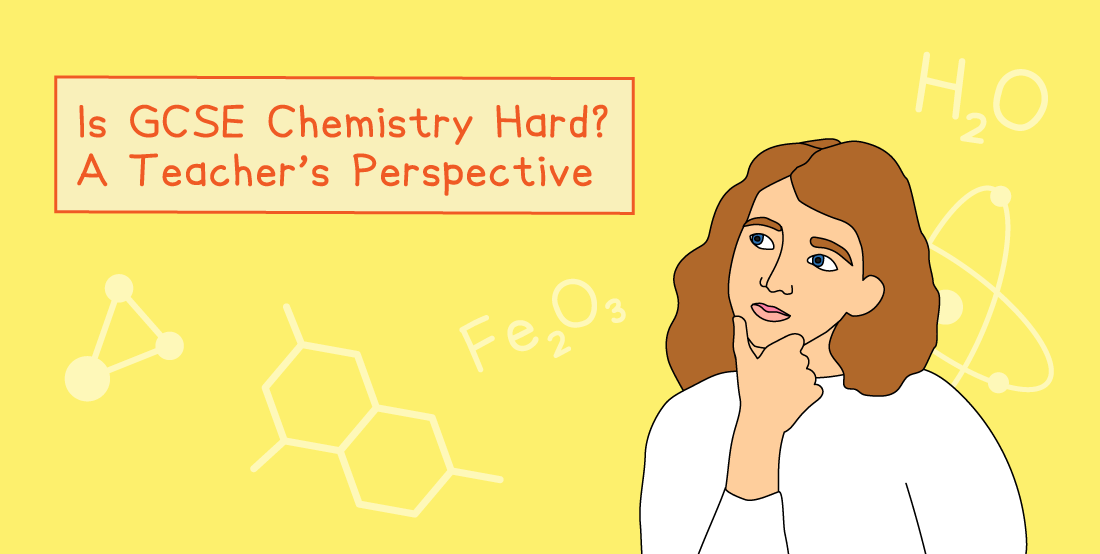 Illustration of a thoughtful person with chemistry symbols and the text "Is GCSE Chemistry Hard? A Teacher’s Perspective" on a yellow background.