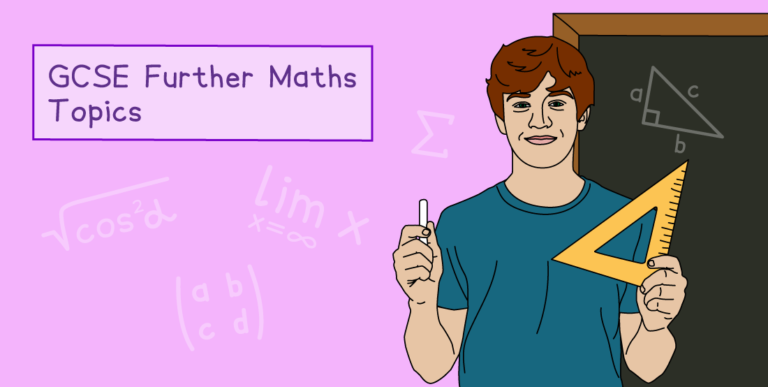 Student holding chalk and set square in front of maths symbols and a board with a triangle for GCSE Further Maths Topics on a purple background