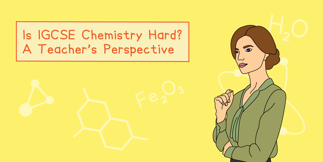 Woman in a green blouse ponders against a yellow background with chemistry symbols and the text "Is IGCSE Chemistry Hard? A Teacher’s Perspective."