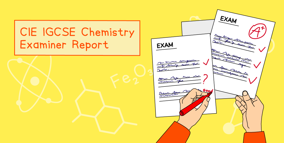 IGCSE Chemistry report illustration with exam papers, one graded A+, and scientific symbols on a yellow background. A hand marks a paper with a red pen.