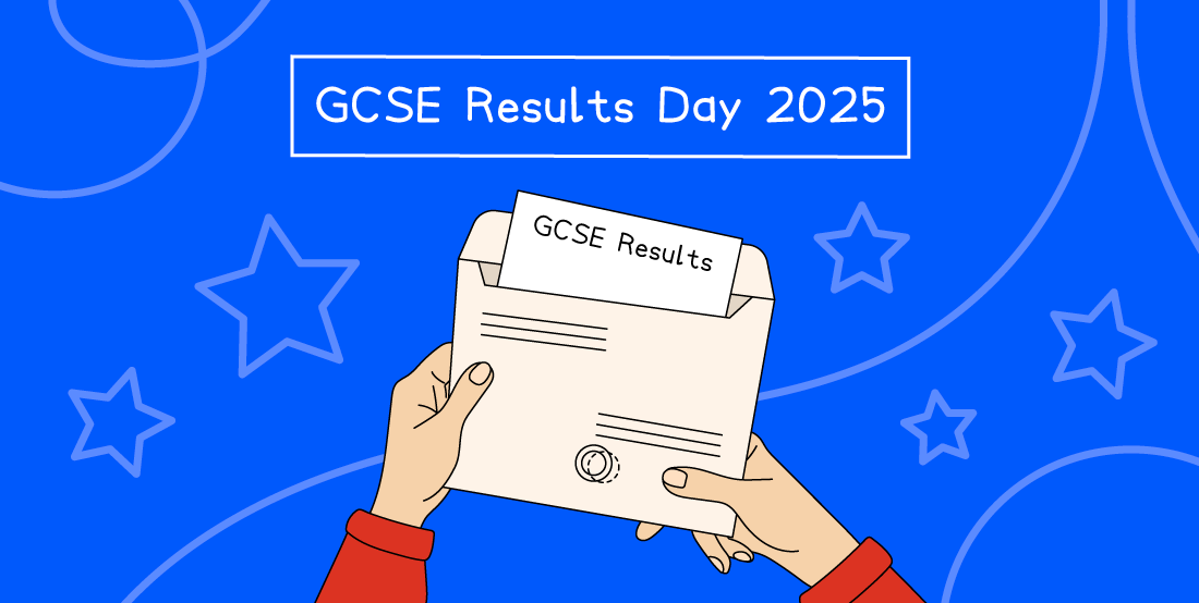 Hands holding an envelope with "GCSE Results" visible; blue background with stars and text "GCSE Results Day 2025" at the top.
