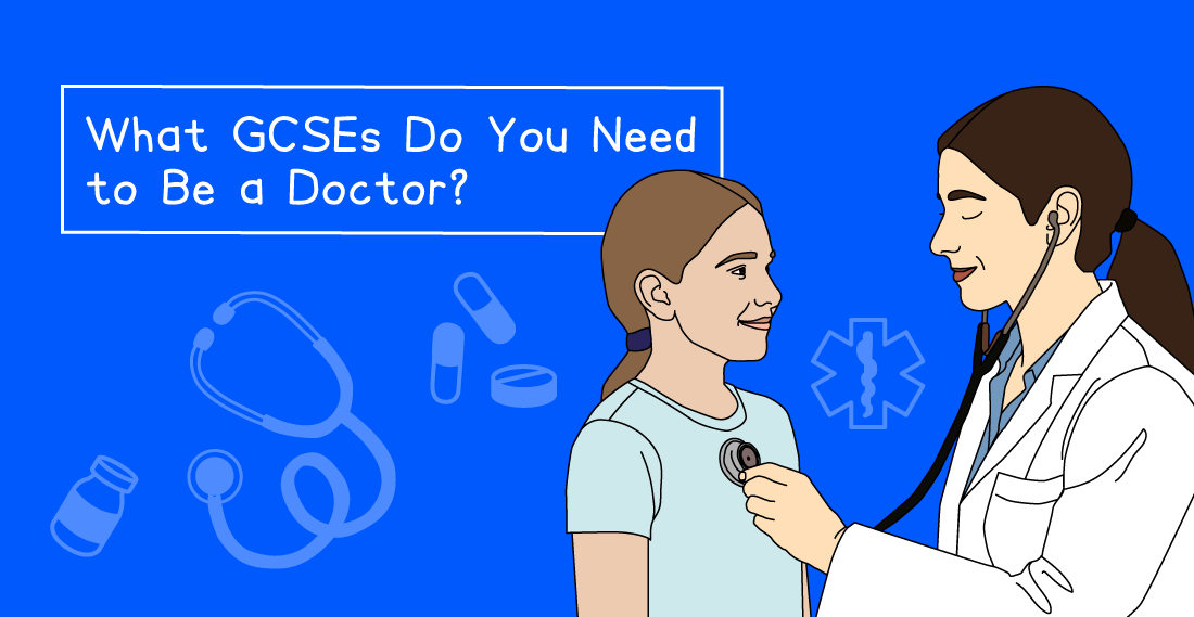 Illustration of a doctor using a stethoscope on a child with the text "What GCSEs Do You Need to Be a Doctor?" on a blue background.