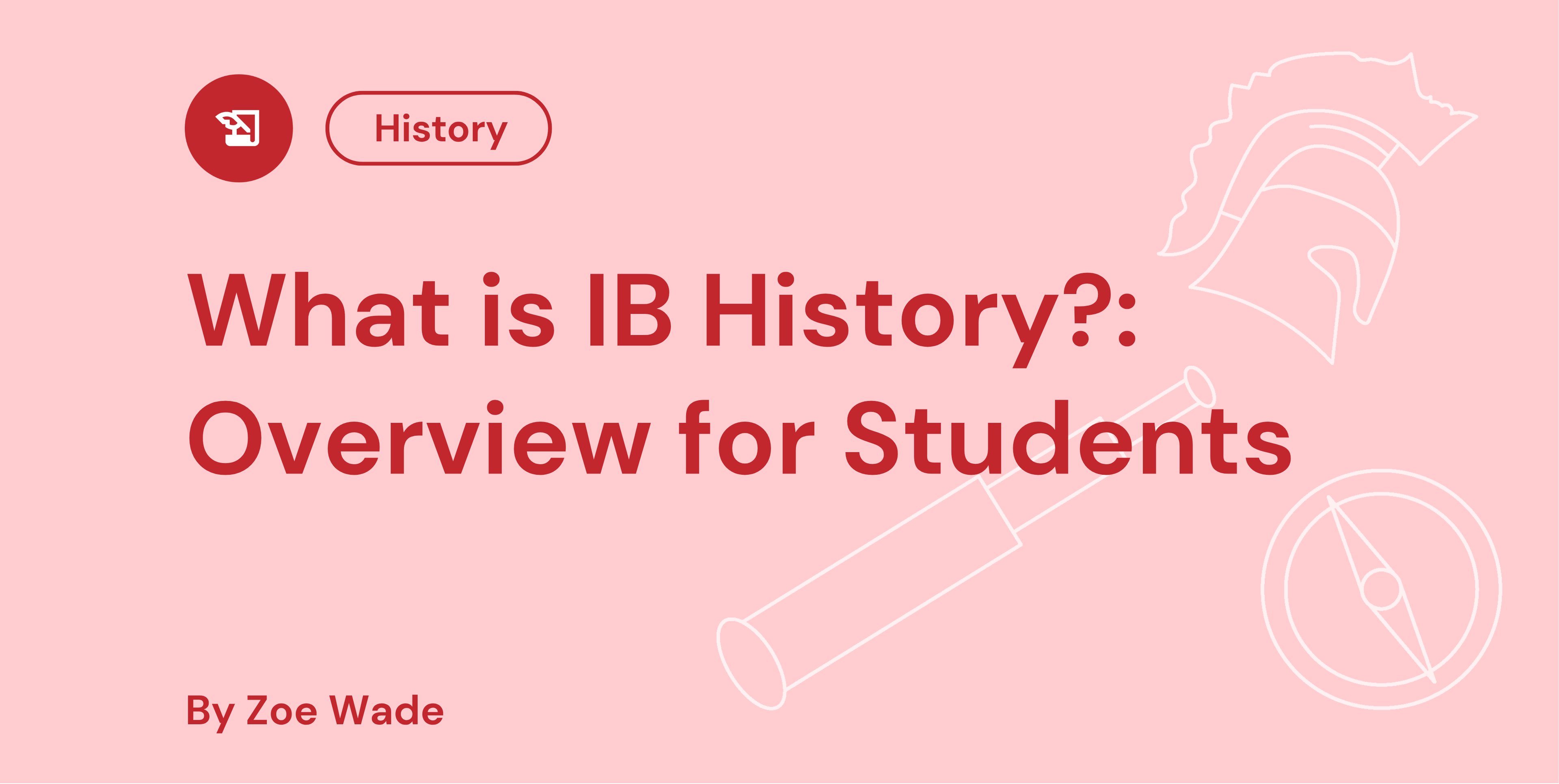 Red text on pink background reads "What is IB History?: Overview for Students" with icons of a feather, helmet, telescope, and compass. By Zoe Wade.