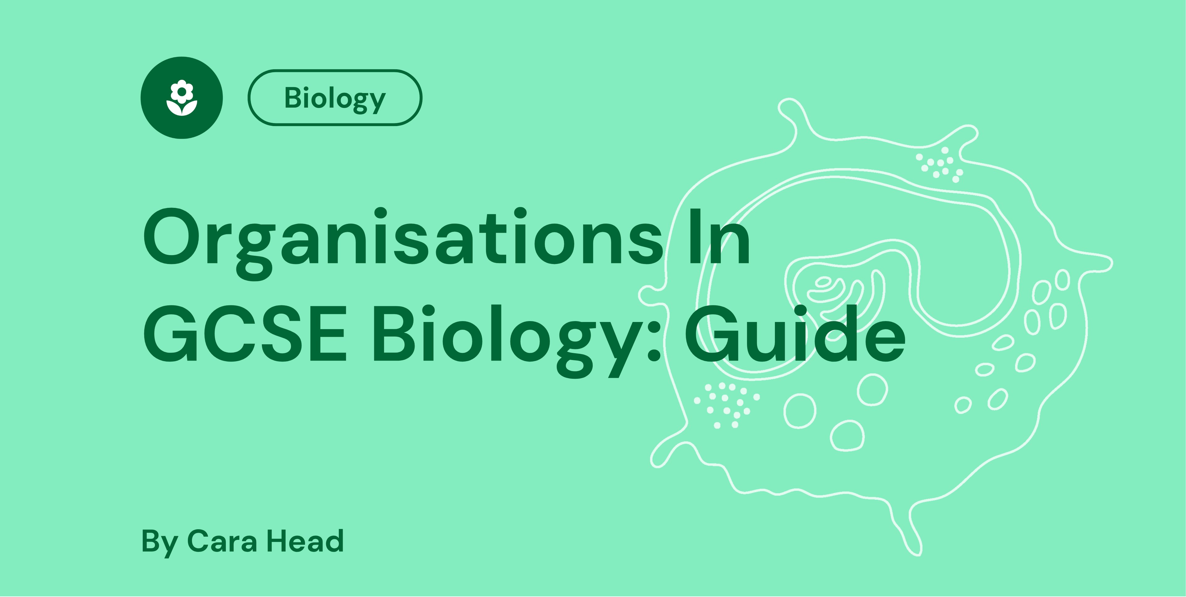 Guide cover titled "Organisations In GCSE Biology" by Cara Head, features a biology icon and a cell diagram on a green background.