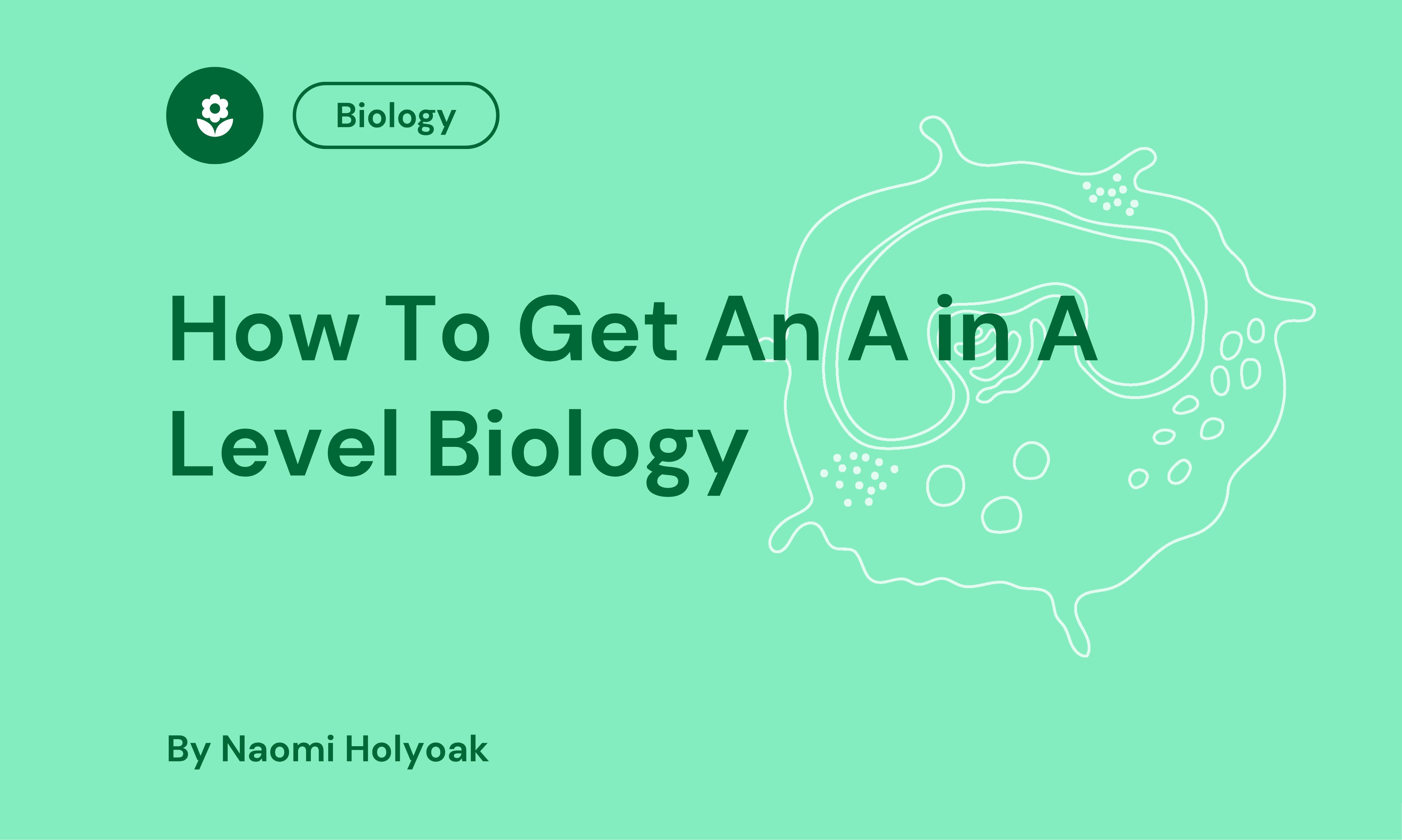 Green graphic with text "How To Get An A in A Level Biology" by Naomi Holyoak, features biology icon and abstract cell illustration.