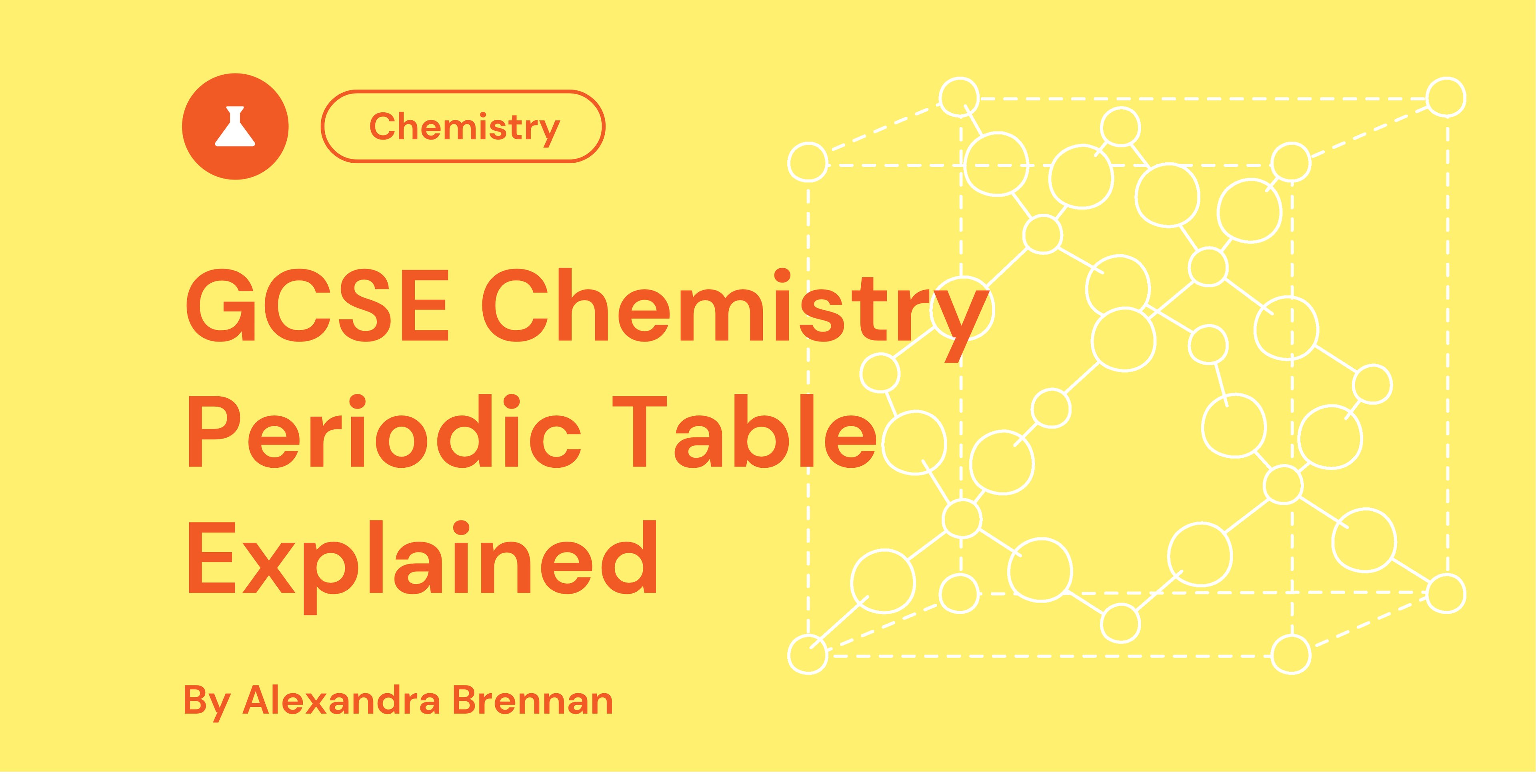 Yellow graphic titled "GCSE Chemistry Periodic Table Explained" by Alexandra Brennan, featuring a chemistry icon and molecular structure illustration.