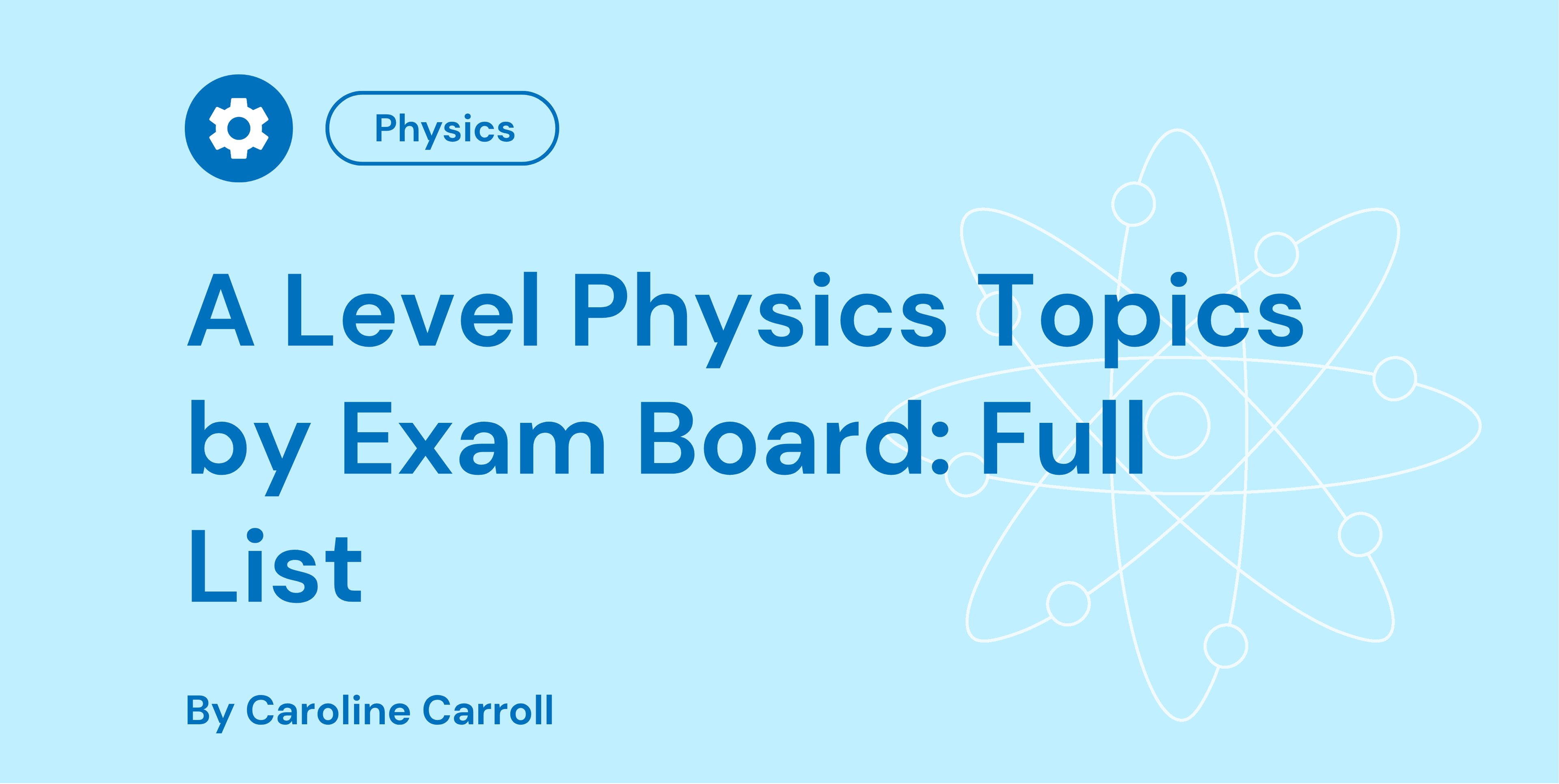 Blue background with text: "A Level Physics Topics by Exam Board: Full List" and "By Caroline Carroll" with atom illustration and gear icon.