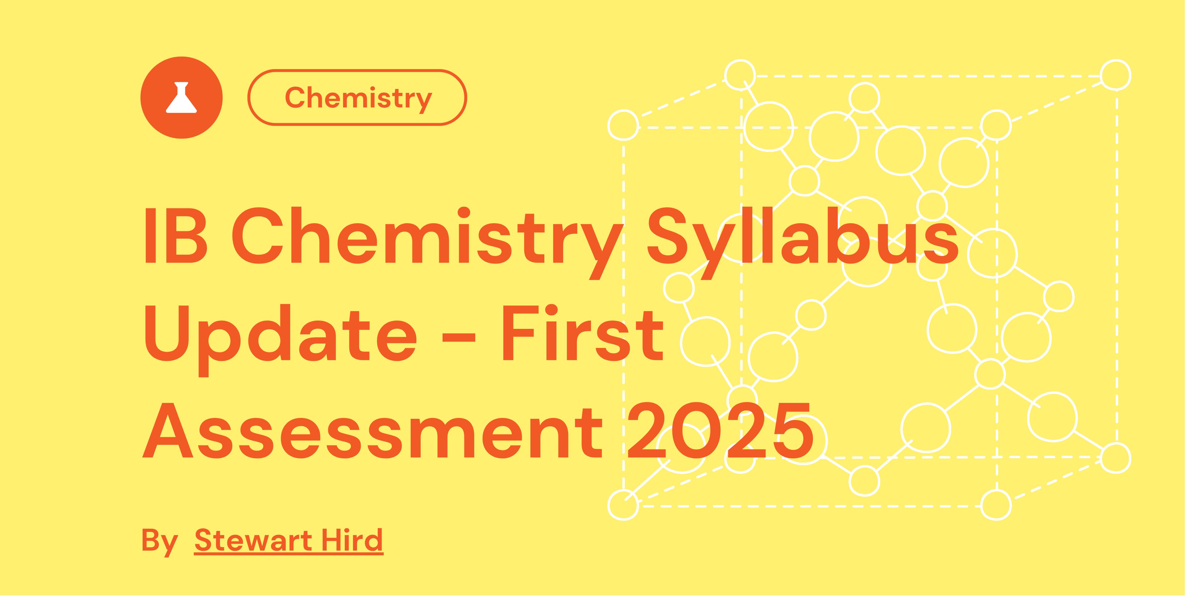IB Chemistry Syllabus Update 2025 announcement on yellow background with molecule diagram. Includes a chemistry icon and author name, Stewart Hird.