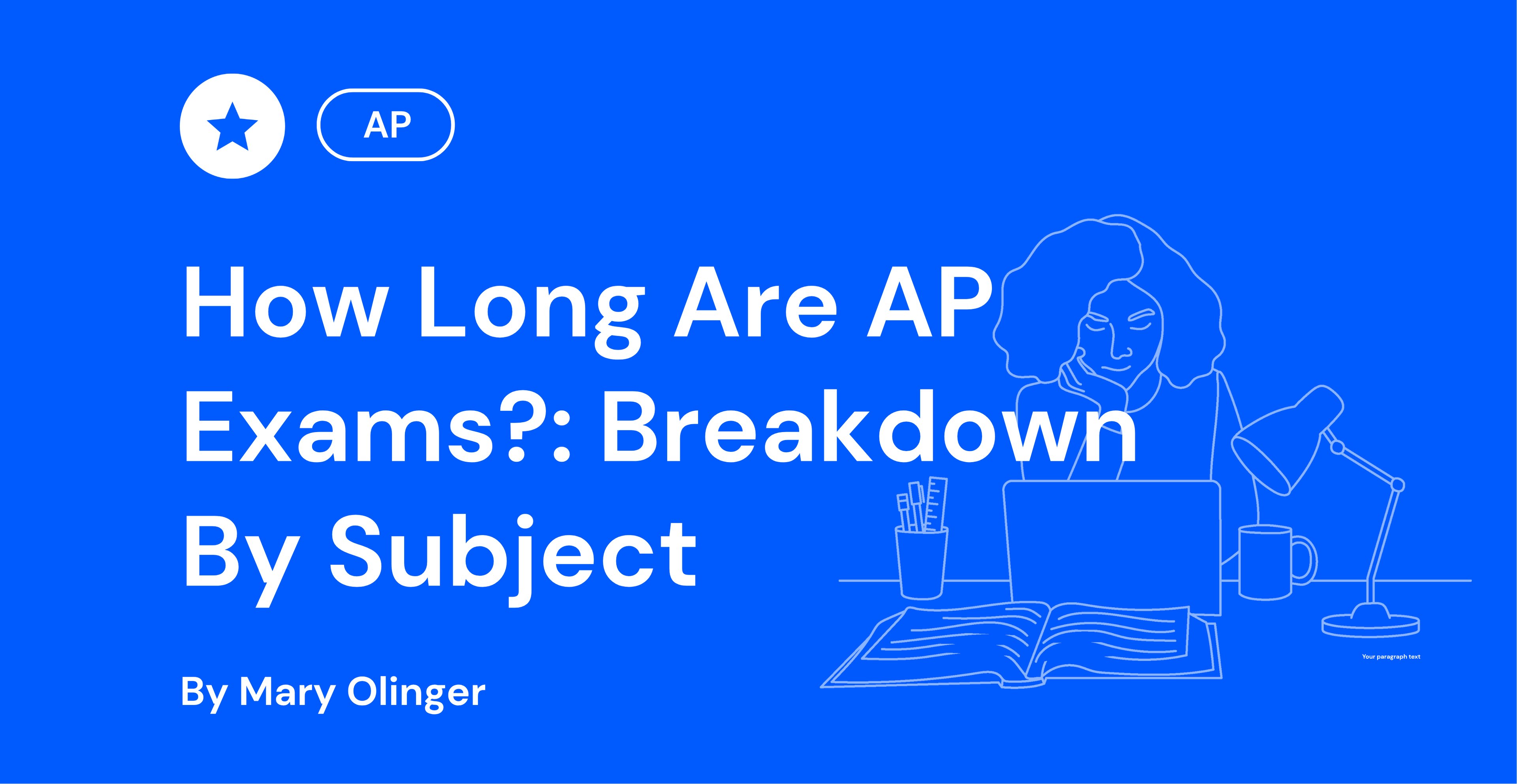 Blue graphic with text "How Long Are AP Exams?: Breakdown By Subject" and a line art of a person at a desk with a lamp and notebook.