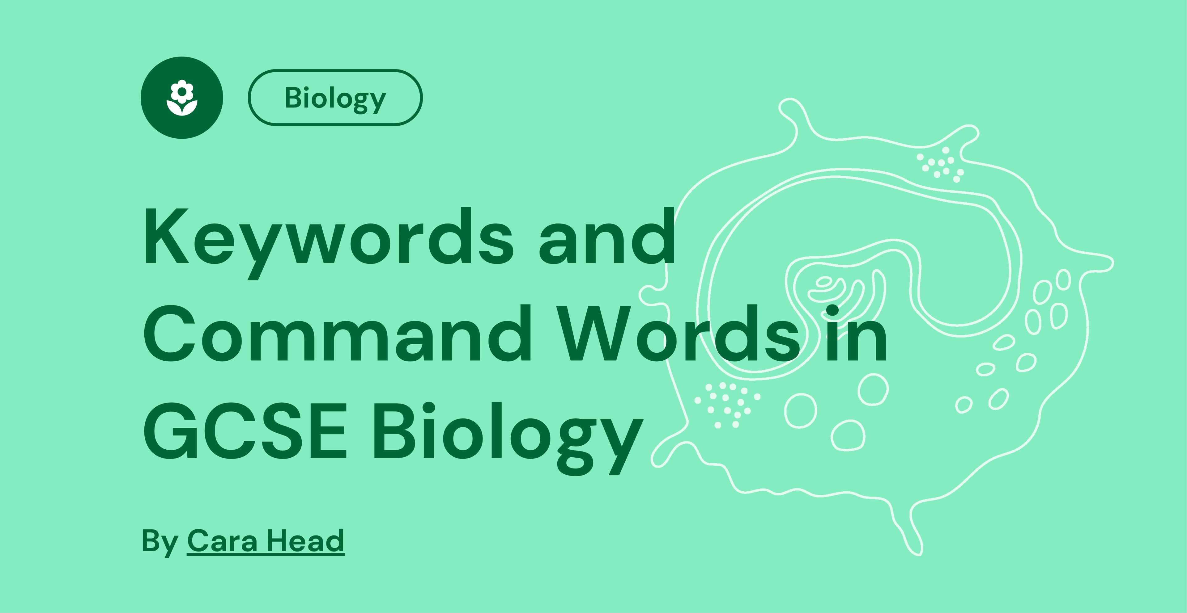 Green background with text: "Keywords and Command Words in GCSE Biology" by Cara Head. Biology badge and cell diagram are included.