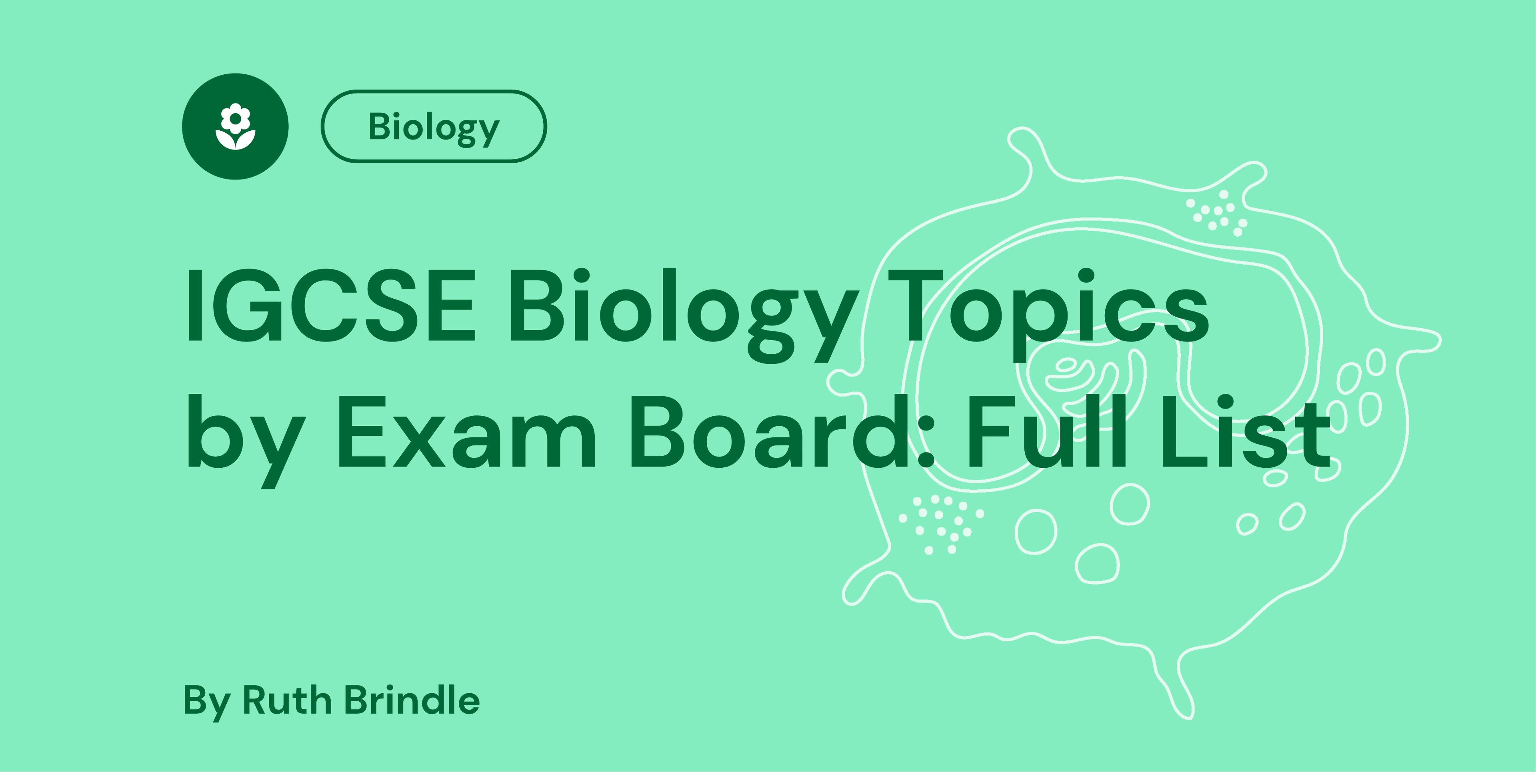 Green background with "IGCSE Biology Topics by Exam Board: Full List" text, a biology icon, and a stylised cell diagram. Authored by Ruth Brindle.