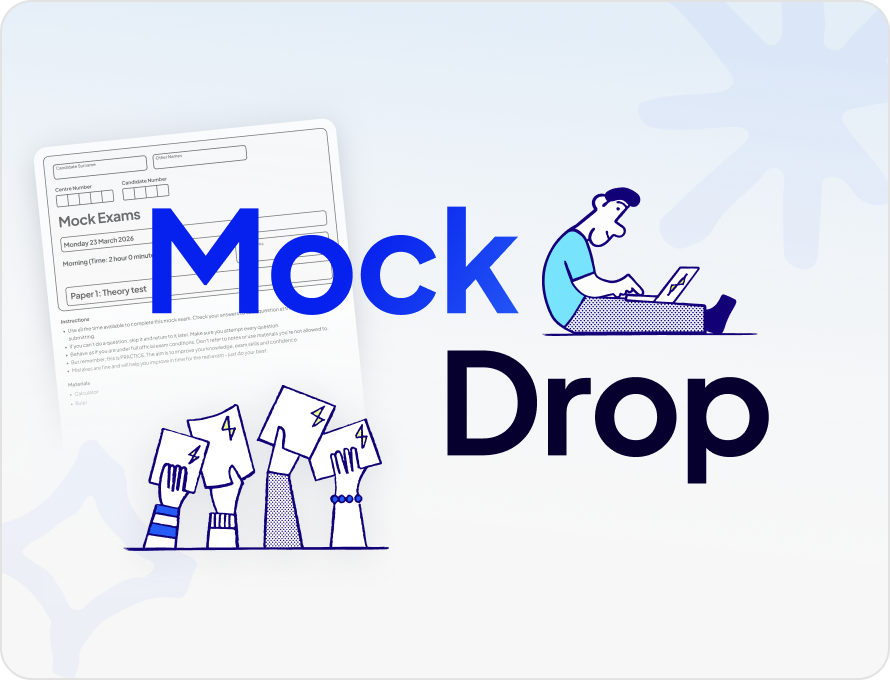 Illustration of a student on a laptop next to the text "Mock Drop," with exam papers and dates, hands holding documents with the SME logo.